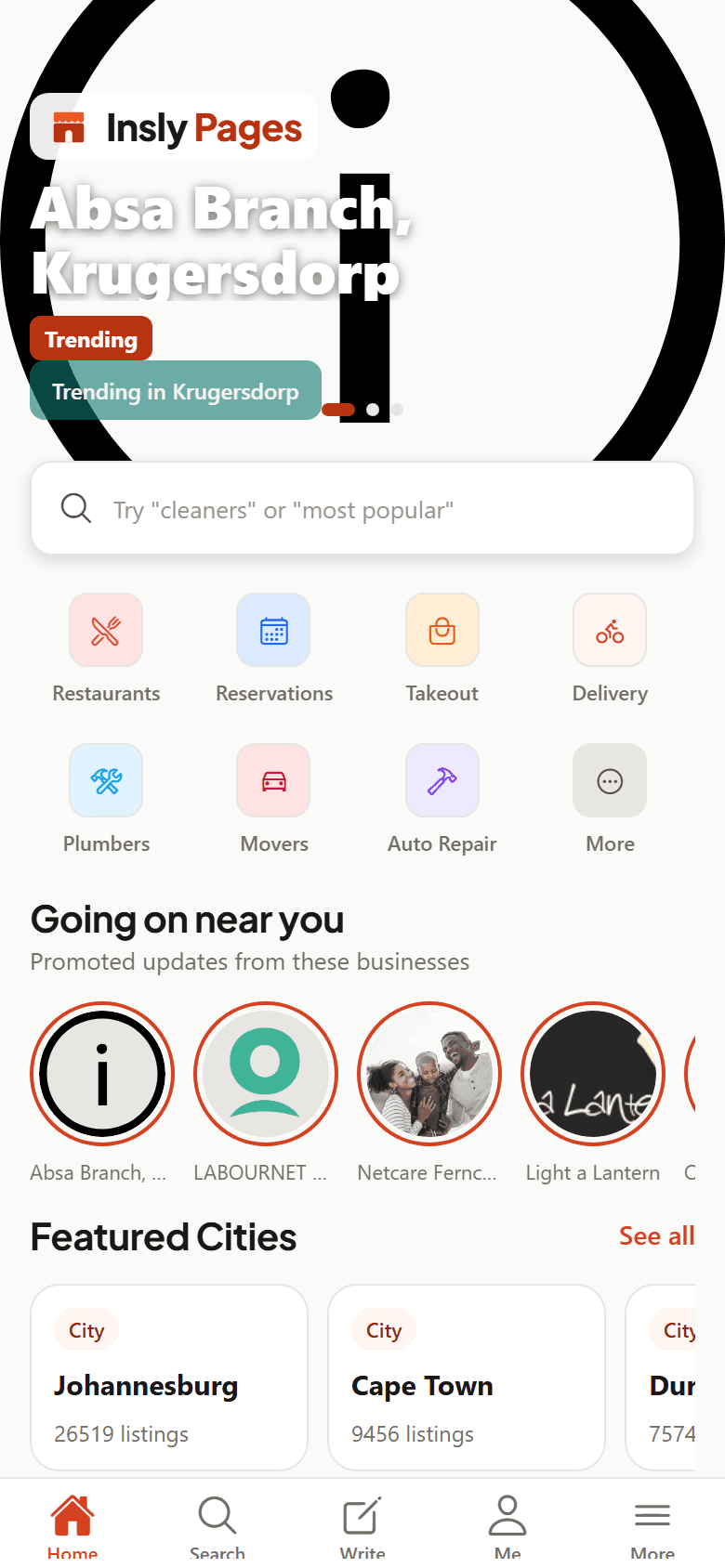 The Insly Pages app home screen, showing search, categories and featured cities