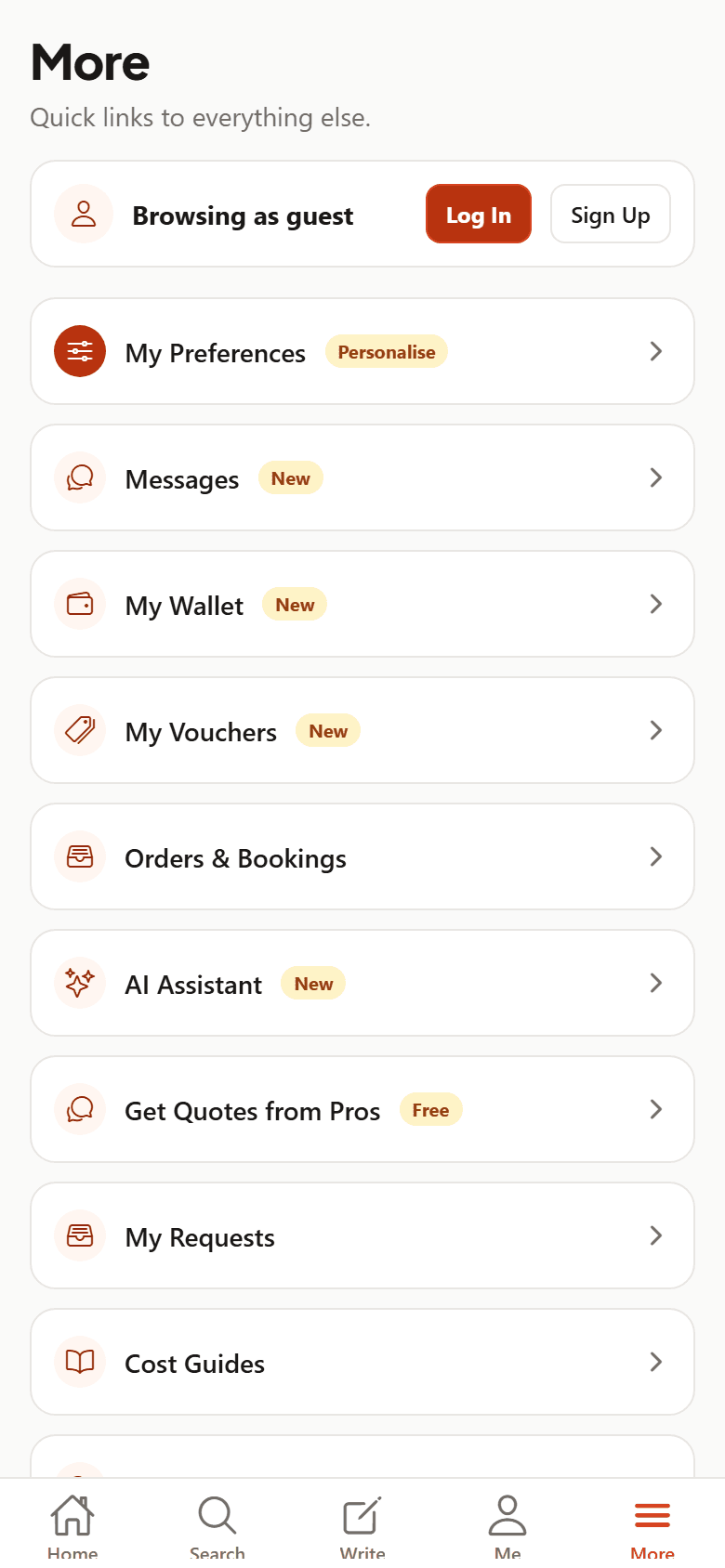 The More menu: wallet, vouchers, messages and the assistant
