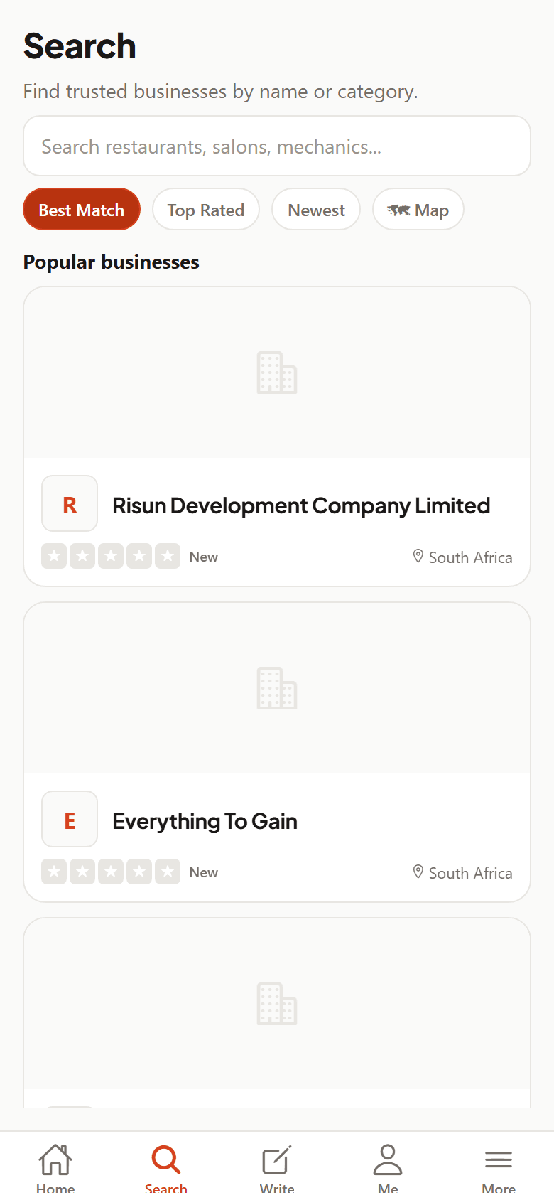 Search results listing local businesses