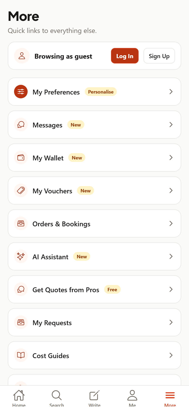 The More menu: wallet, vouchers, messages and the assistant