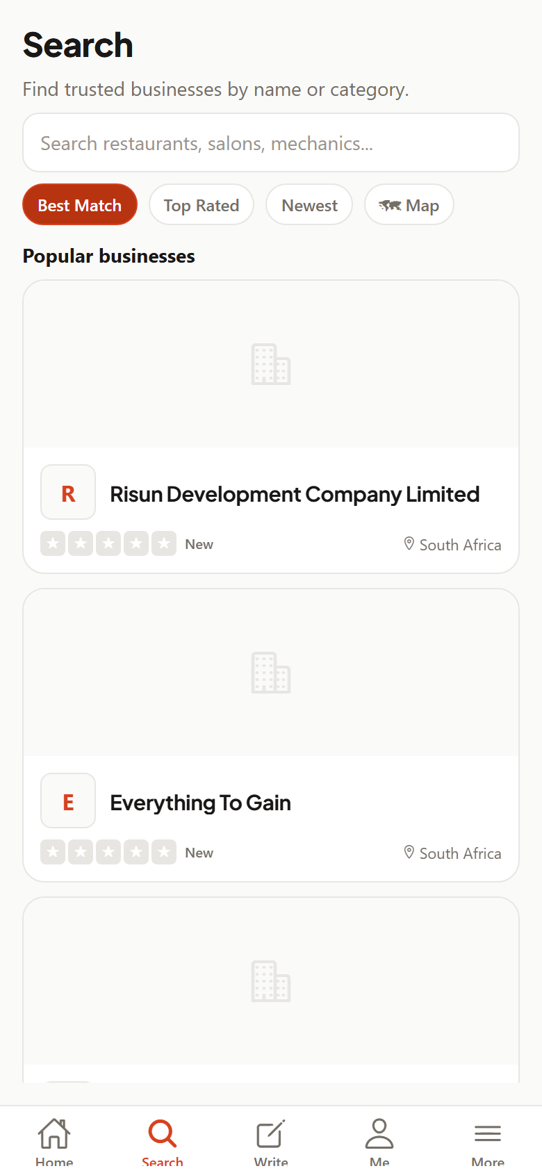 Search results listing local businesses